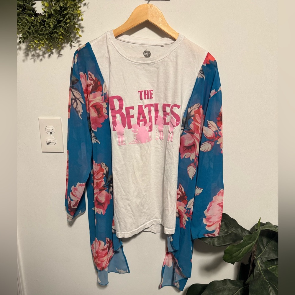 Reworked The Beatles Graphic Tee with Floral Kimono Sleeves